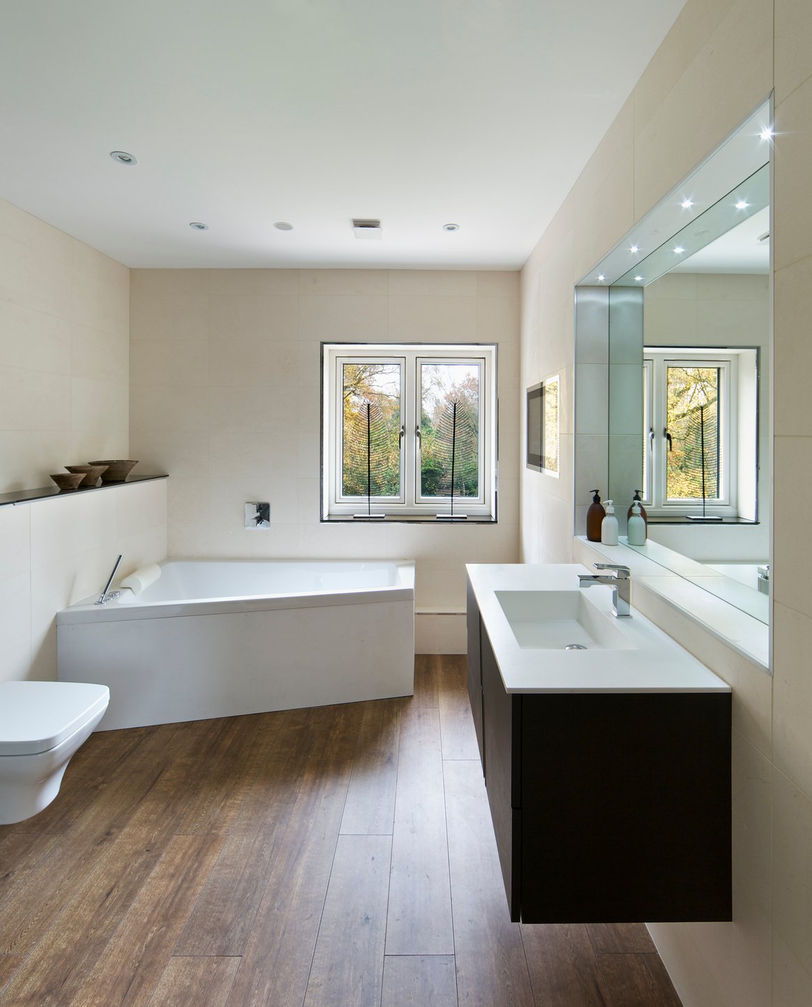 modern bathroom with wood floor